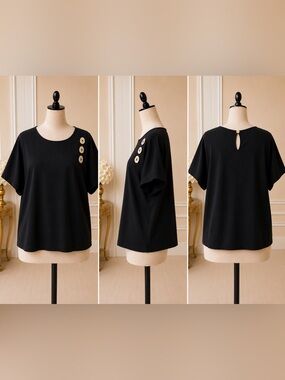 Truth + Style Black Short Sleeve Top with Accent Buttons